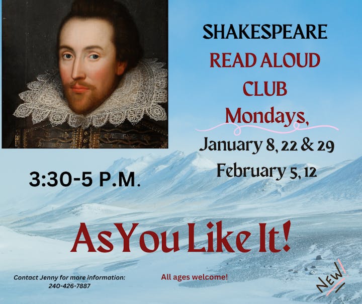 A flyer promoting a "Shakespeare Read Aloud Club," featuring a snowy scene and Shakespeare’s portrait, with dates and contact info.