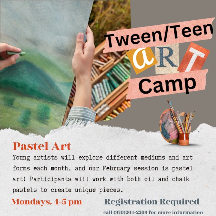 Flyer for Tween/Teen Art Camp featuring pastel art sessions on Mondays with hands holding a drawing and art supplies visible. Registration required.