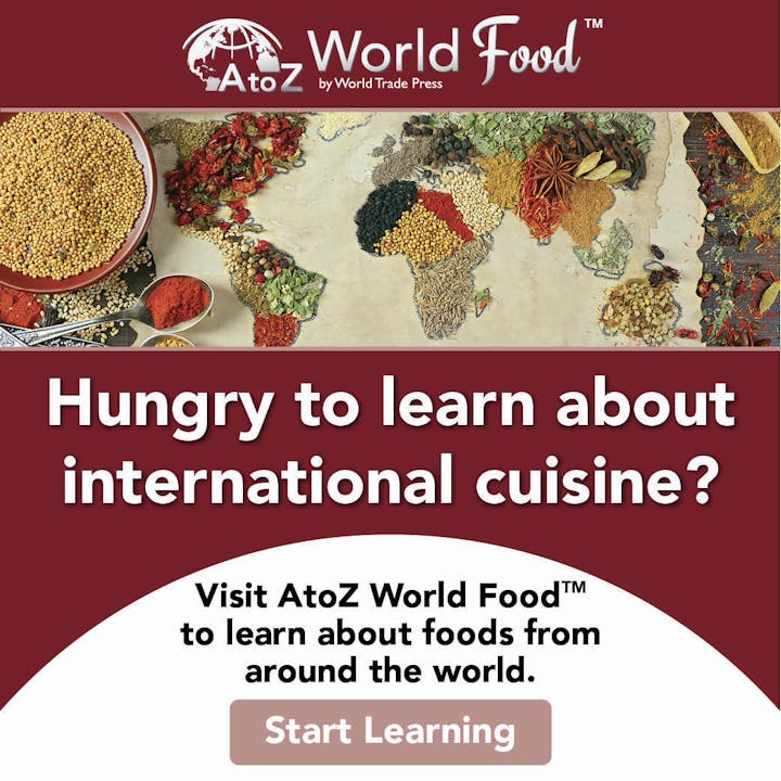 Map made of spices and grains, promoting AtoZ World Food for learning about international cuisine. "Start Learning" button included.