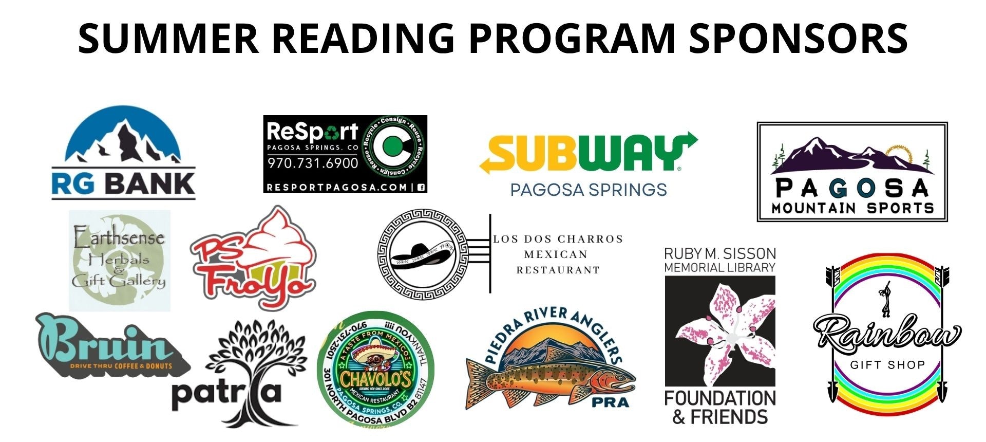 The image lists sponsors for a Summer Reading Program, featuring local businesses and organizations.