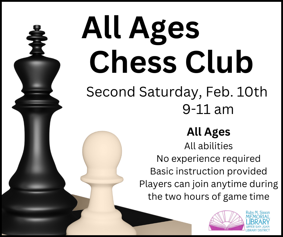 A chess club poster with a black king and a white pawn, announcing an event for all ages and abilities.