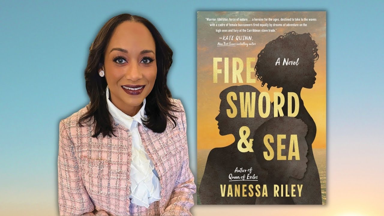 The image features an author presenting her novel "Fire, Sword & Sea," alongside a silhouette cover design.