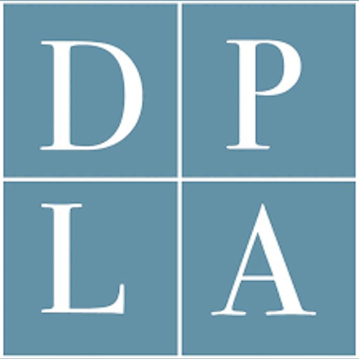 Four blue squares with white letters "DPLA" arranged in a grid.