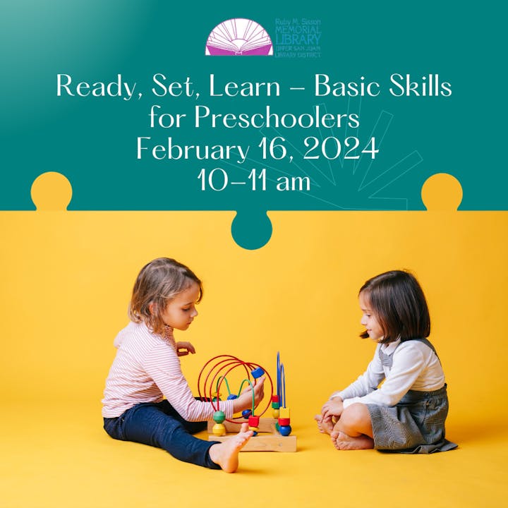 Two children play with a bead maze toy on a yellow background. Text advertises a learning event for preschoolers.