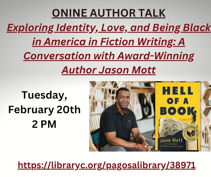 Advertisement for an online author talk with Jason Mott about fiction writing, identity, and love, scheduled for Tuesday, February 20th at 2 PM.