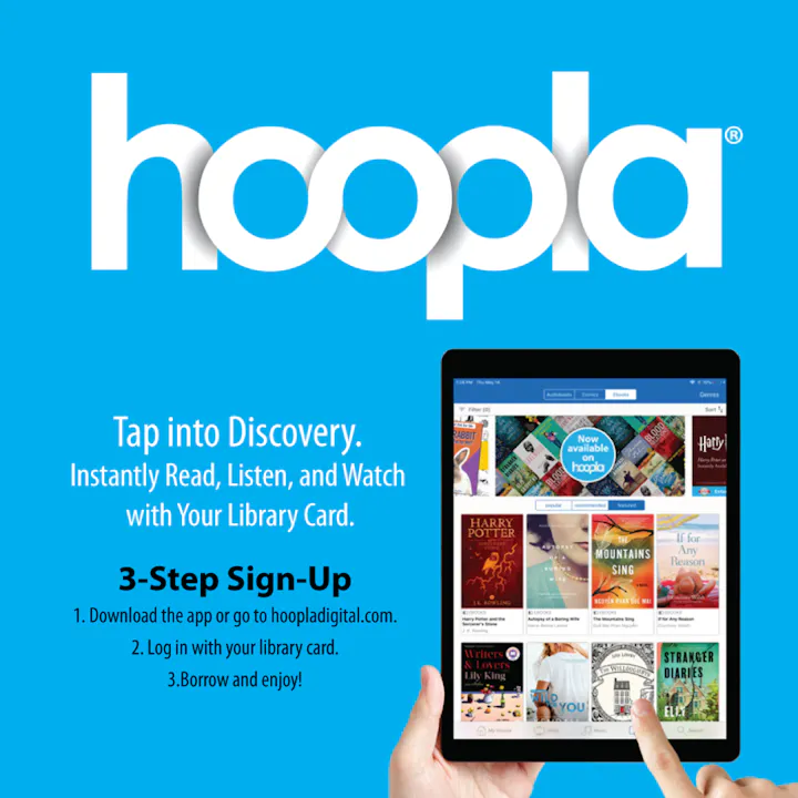 The image promotes Hoopla, a digital service offering eBooks, audiobooks, and videos with a library card. It outlines a 3-step sign-up process.