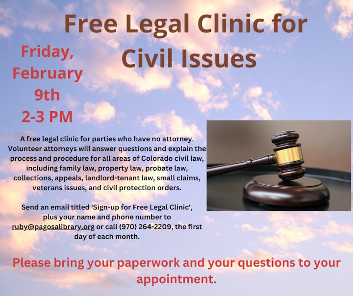 A flyer for a free legal clinic on civil issues with date, time, services offered, and contact information, alongside a gavel image.