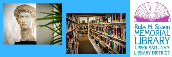 A bust sculpture, library shelves with books, and a "Ruby M. Sisson Memorial Library" sign.