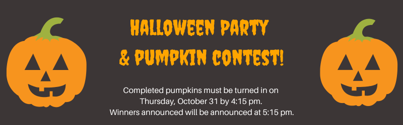 Halloween party and pumpkin contest flyer with date and times, featuring two jack-o'-lantern images.