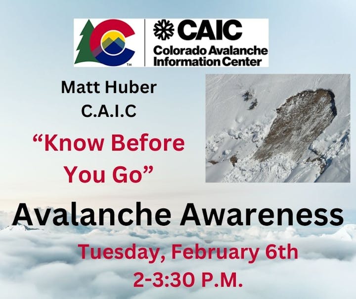 An avalanche awareness event flyer with date, time, organizer info, and a snow slide image.