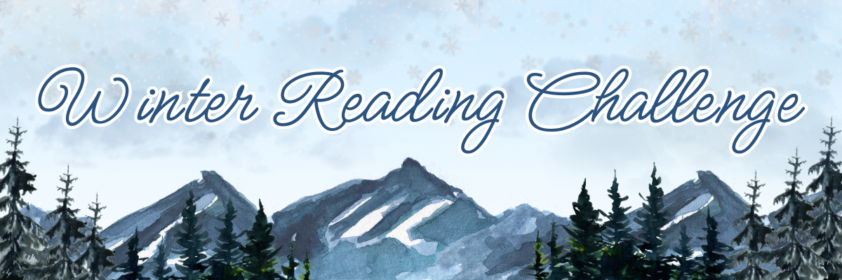 The image features a "Winter Reading Challenge" graphic with snowy mountains and pine trees, evoking a cozy reading atmosphere.