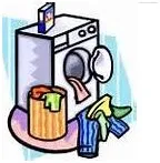 A cartoon of a laundry machine with a basket and scattered clothes.