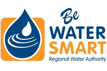 A logo with a blue water drop and the slogan "Be WATER SMART" beside it, for the Regional Water Authority.