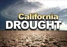 Dry cracked earth with text "California DROUGHT" against a cloudy sky.
