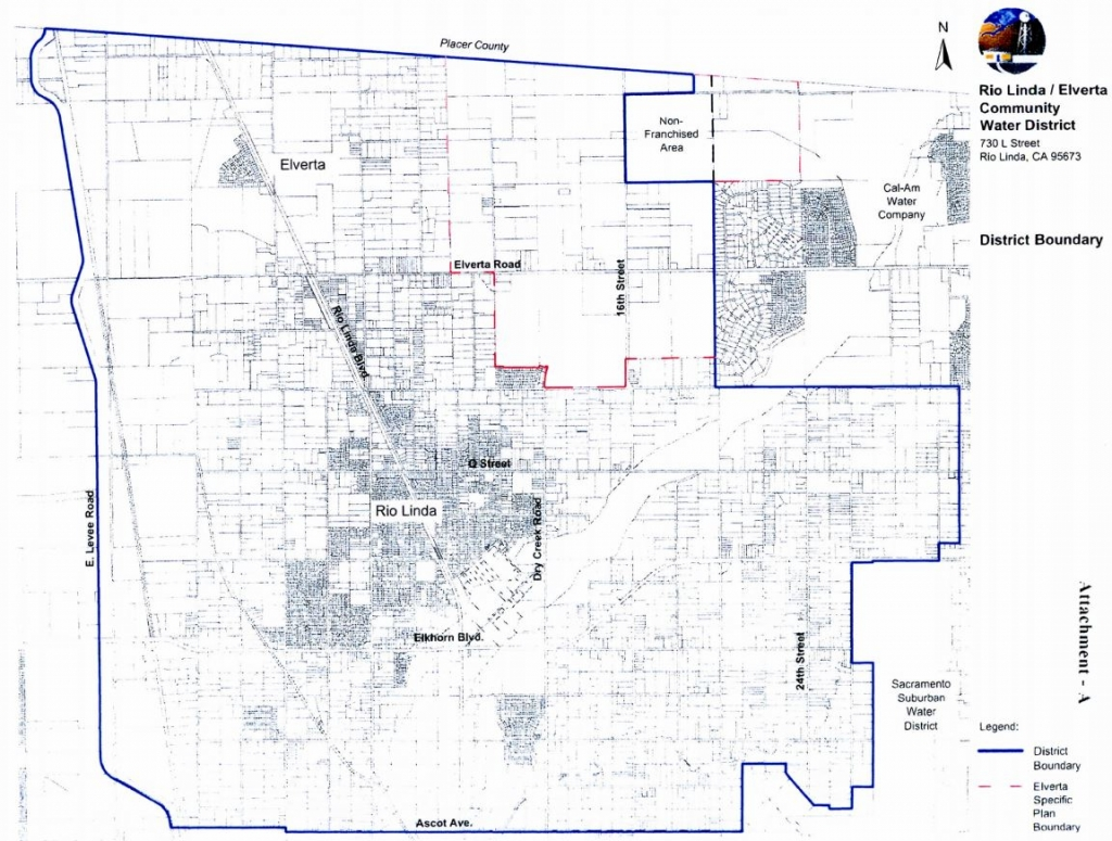 A map showing the district boundary of the Rio Linda / Elverta Community Water District with marked areas and streets.