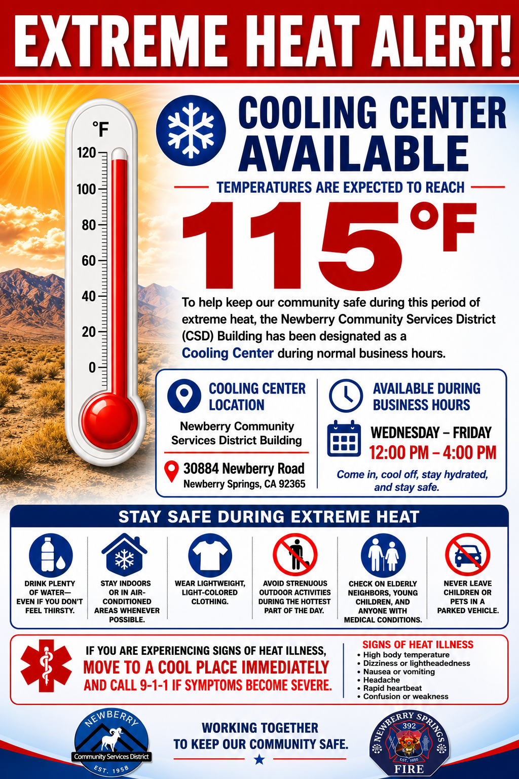 Extreme heat alert: Cooling Center available at Newberry Community Services District, 12 PM - 4 PM, Wednesday - Friday. Stay safe!