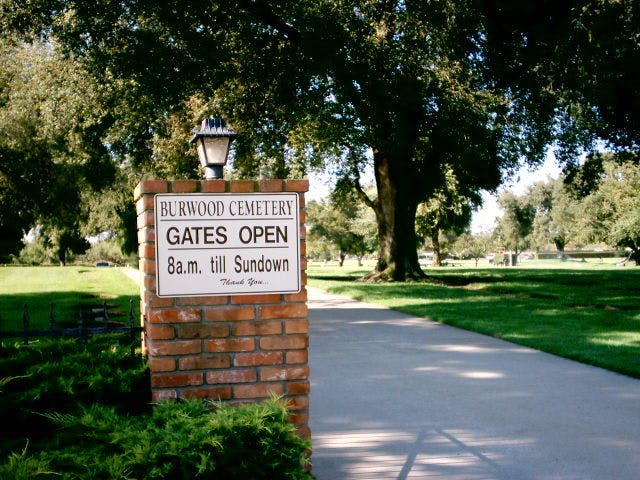 Burwood Cemetery entrance gate and driveway with garden in the background