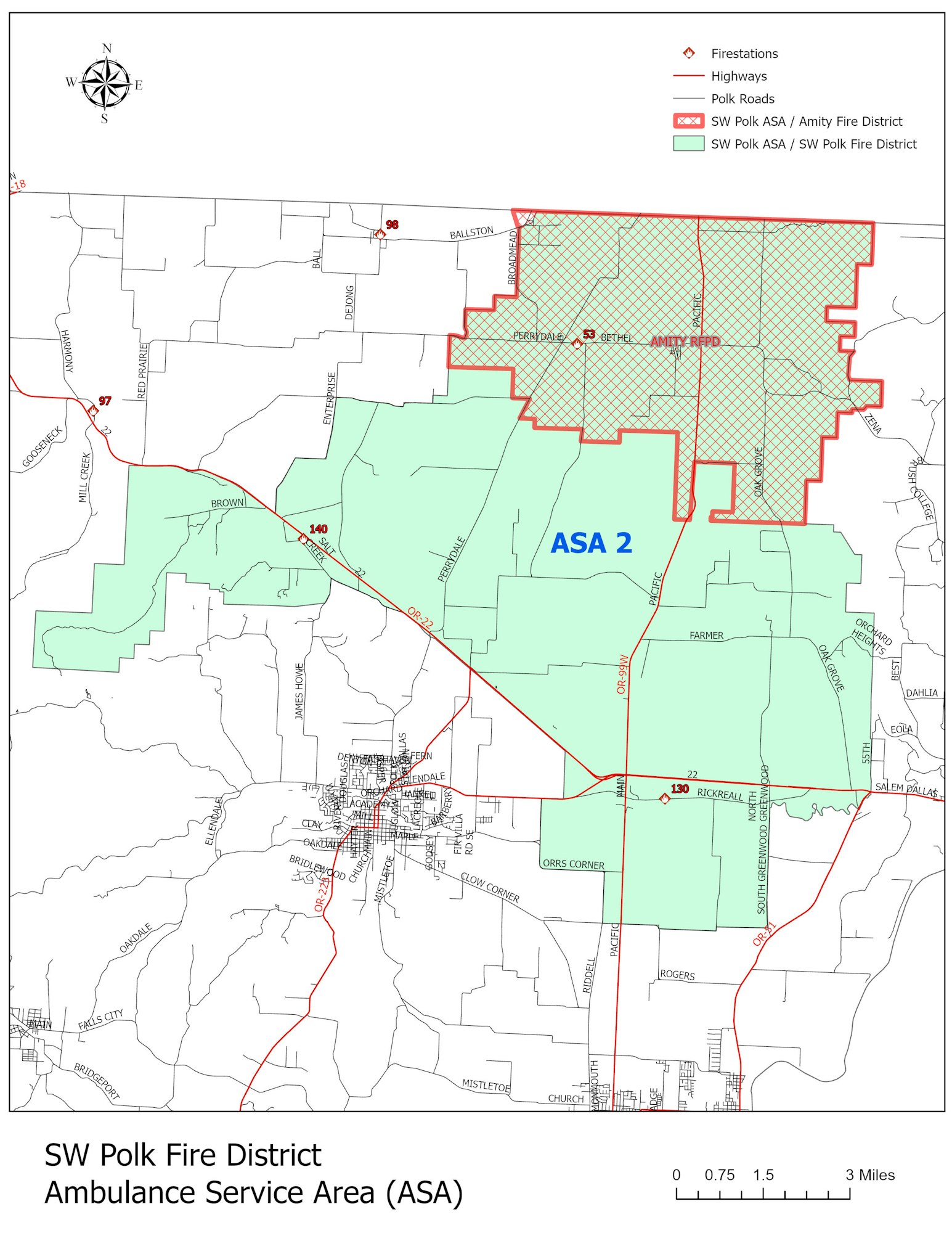 Map showing SW Polk Fire District Ambulance Service Area with roads, districts, and fire stations.