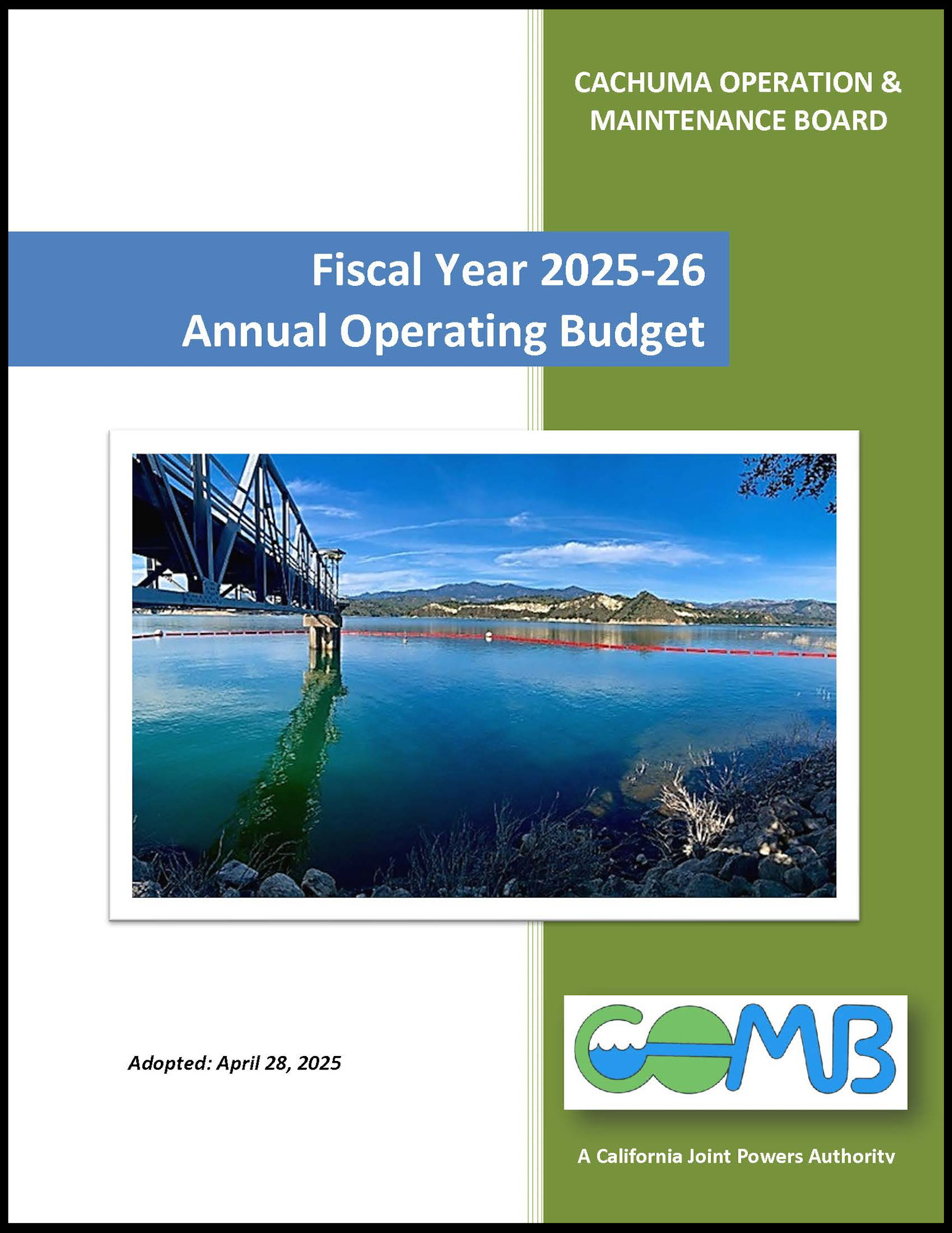 Fiscal Year 2025-26 Annual Operating Budget cover for Cachuma Operation & Maintenance Board, featuring a water reservoir image.