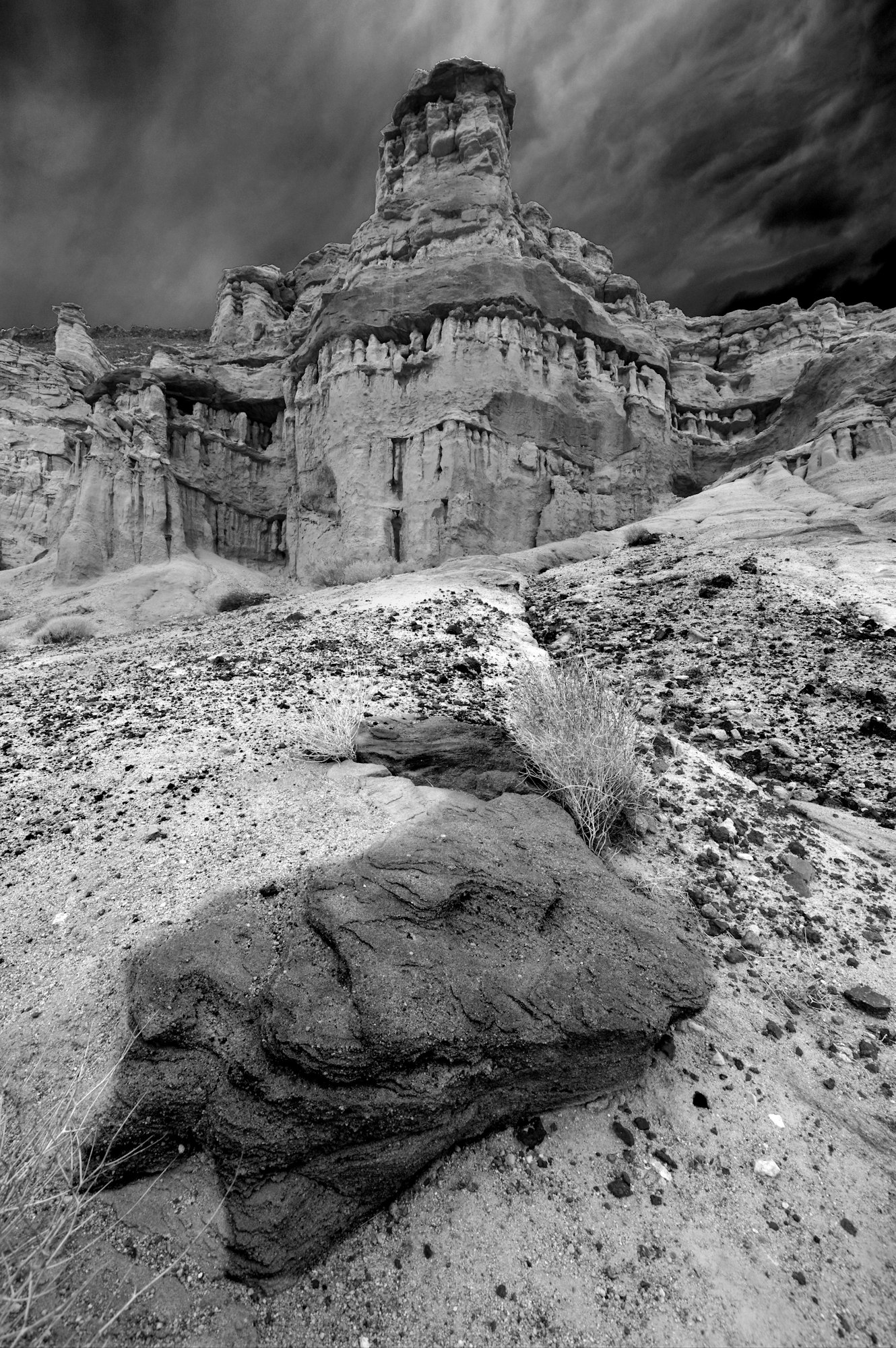 Dramatic rock formations under a cloudy sky in a monochrome desert landscape.