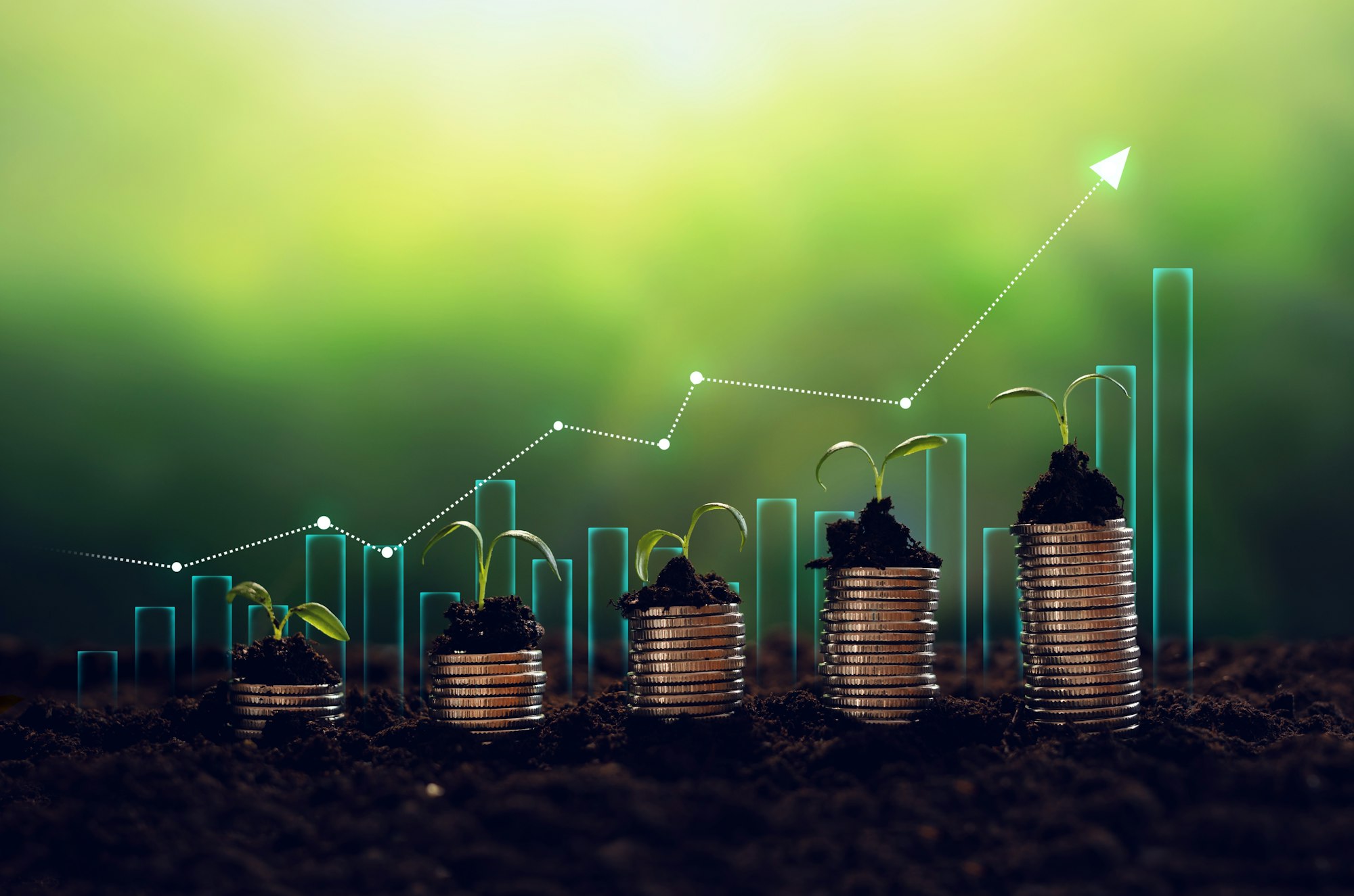 Stacked coins with seedlings growing atop, overlaid with a rising graph, symbolizing financial growth.