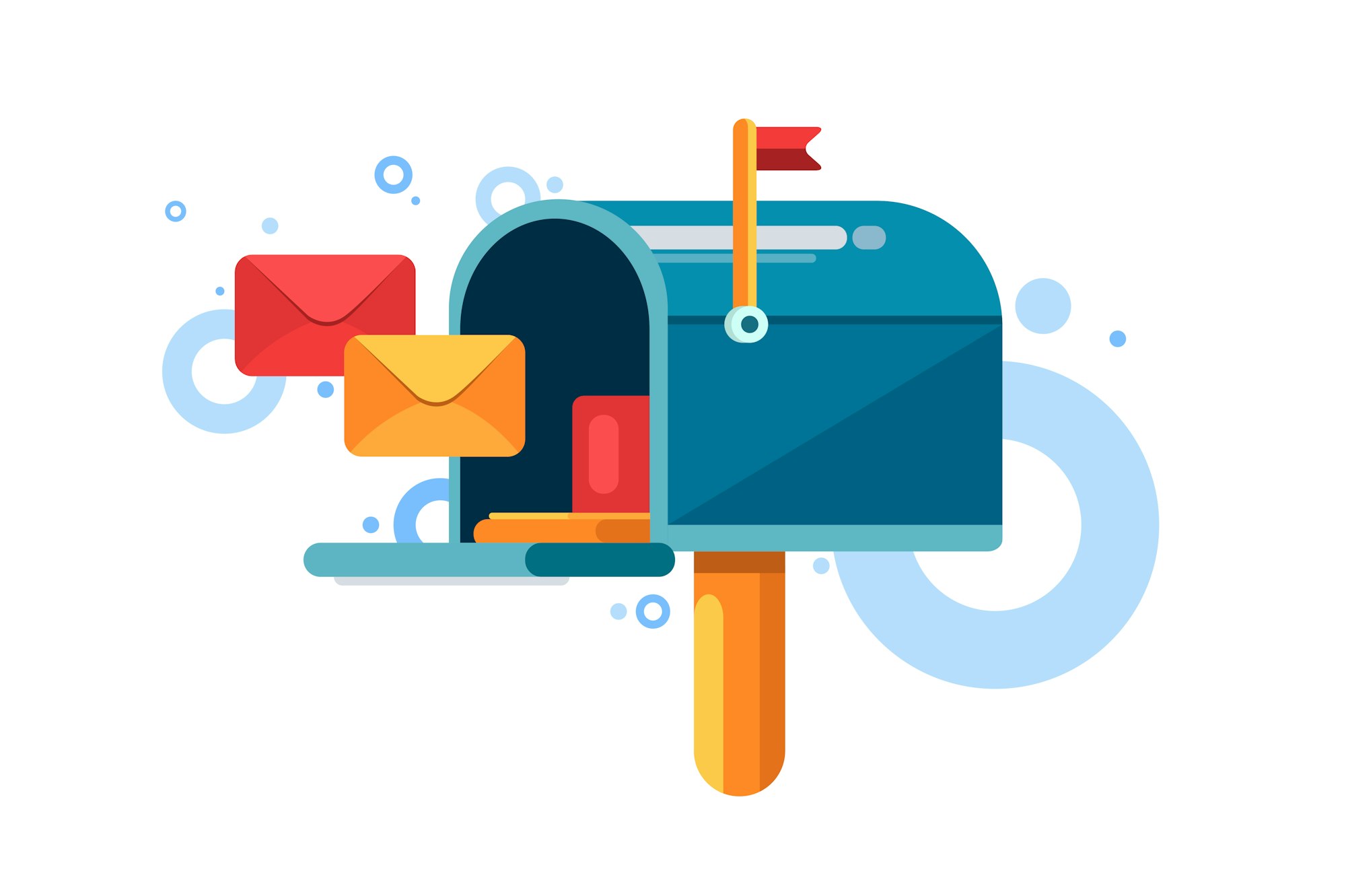 An open mailbox with envelopes flying out, in a flat design style.