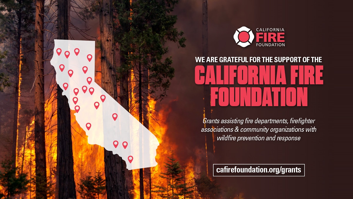 An ad expressing gratitude to the California Fire Foundation for wildfire support, with a backdrop of a forest fire.