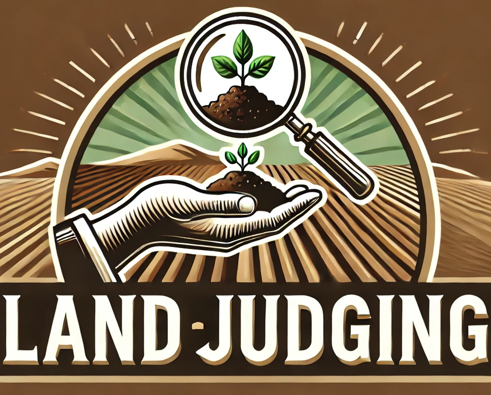 Artwork of a hand holding soil with a seedling, magnifying glass inspecting it, and "LAND-JUDGING" text.