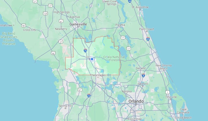 A map showing the region around Gainesville, Ocala National Forest, Orlando, and part of the Florida coast.