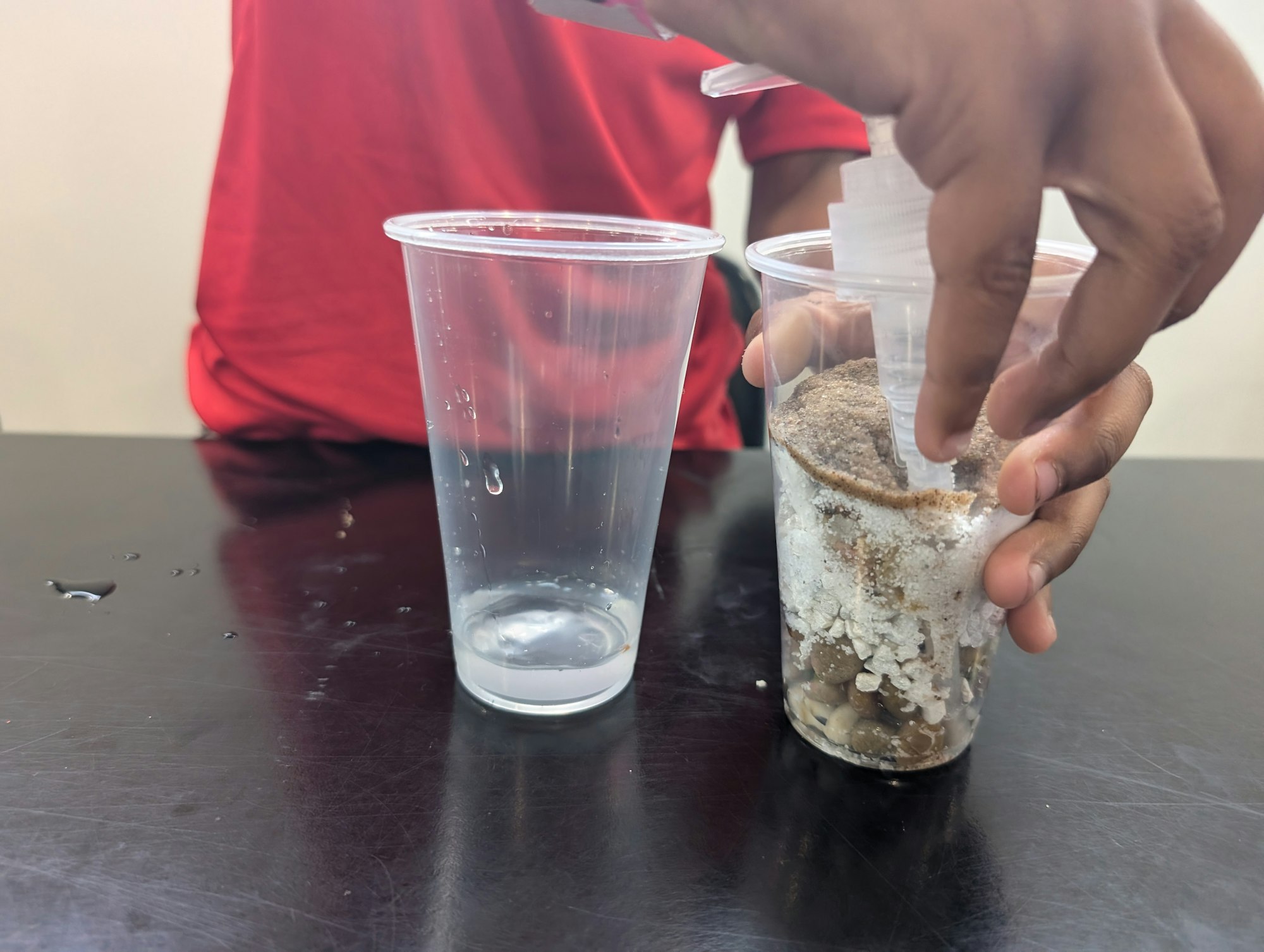 A person conducts an experiment with two plastic cups, one with clear liquid and the other with soil layers.