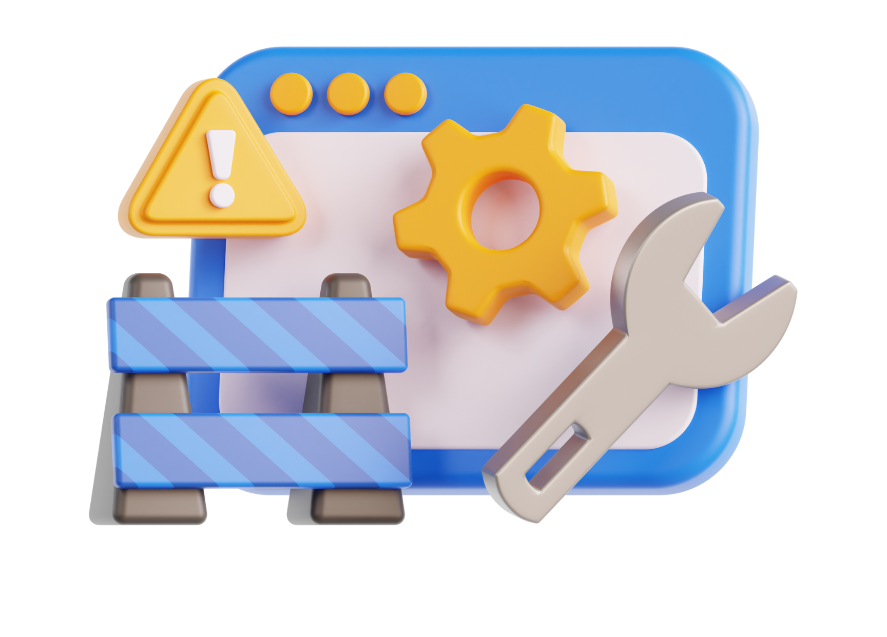 Stylized under-construction sign, wrench, gear, barrier icon—suggests maintenance or website updates.