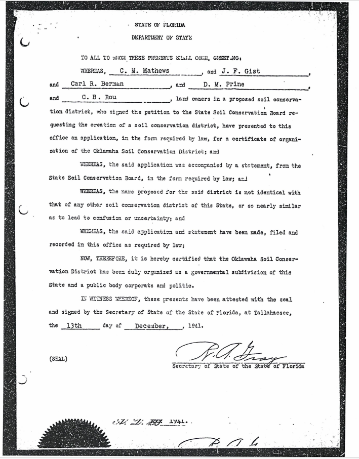 Certificate of organization for the Oklawaha Soil Conservation District, signed December 13, 1941, by the Florida Secretary of State.