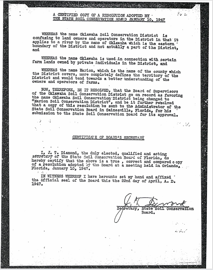 Certified resolution by the State Soil Conservation Board to rename Oklawaha Soil Conservation District to Marion, dated 1947.