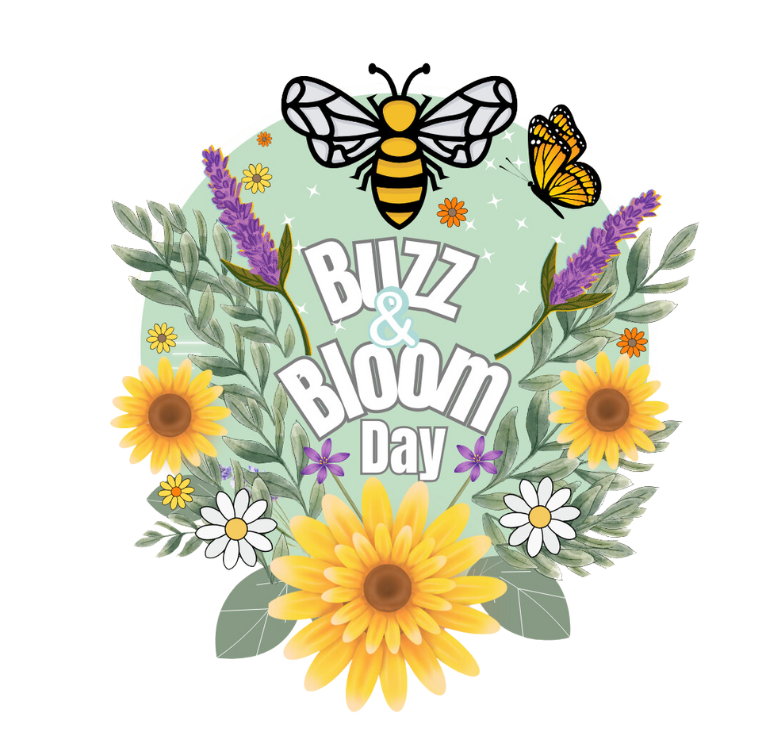 Buzz & Bloom Day logo with bee, butterfly, and flowers.