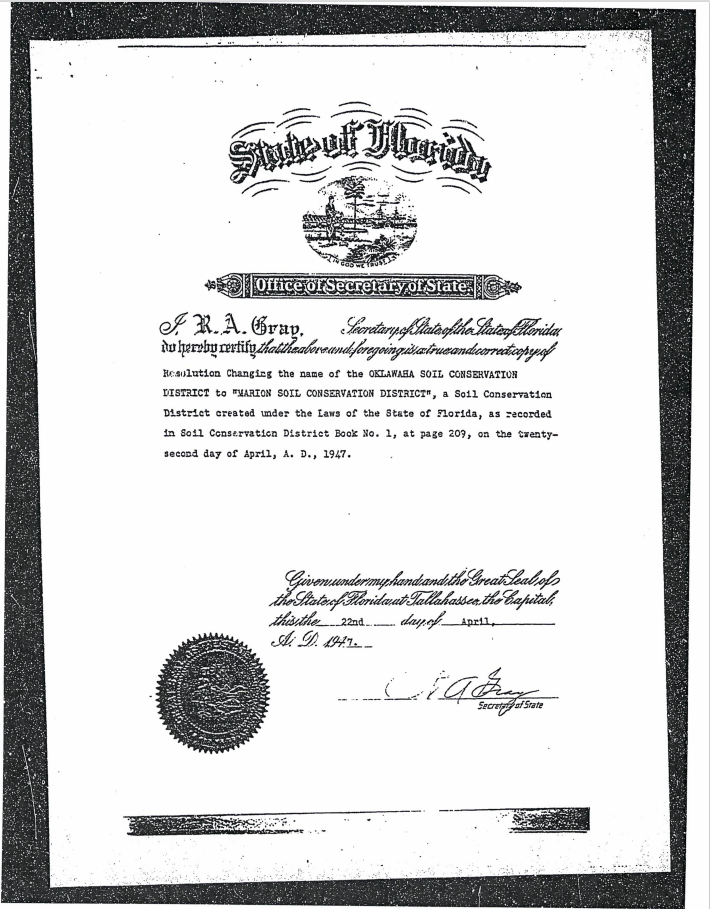 Certificate from Florida's Secretary of State changing a district's name to Marion Soil Conservation District, dated April 22, 1947.
