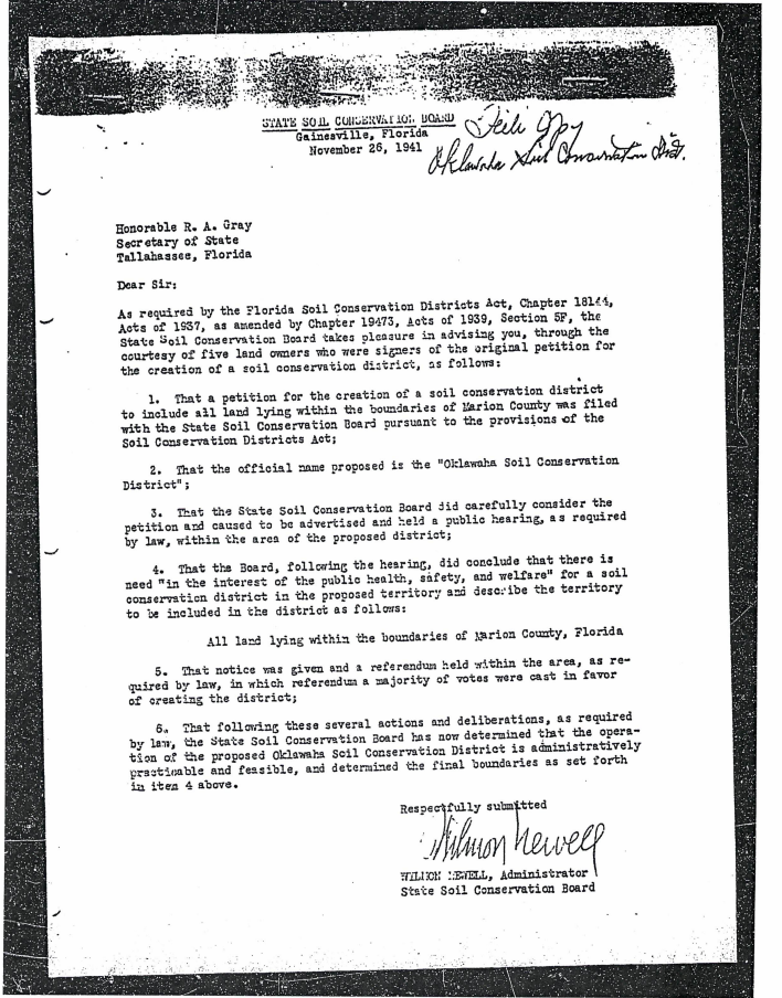 A letter from 1941 about creating the Oklawaha Soil Conservation District in Marion County, Florida.