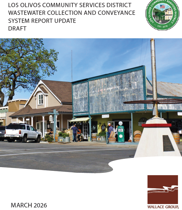 Image shows a draft report on wastewater management for Los Olivos Community Services District, dated March 2026.