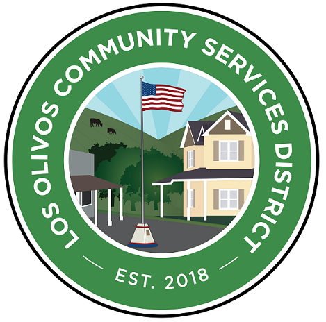 A logo with a house, flag, mountains, trees, and "Los Olivos Community Services District - Est. 2018".