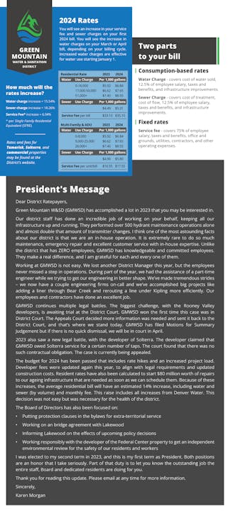 Water and sewer rate increase notice for 2024 by Green Mountain Water & Sanitation District with a President's message.