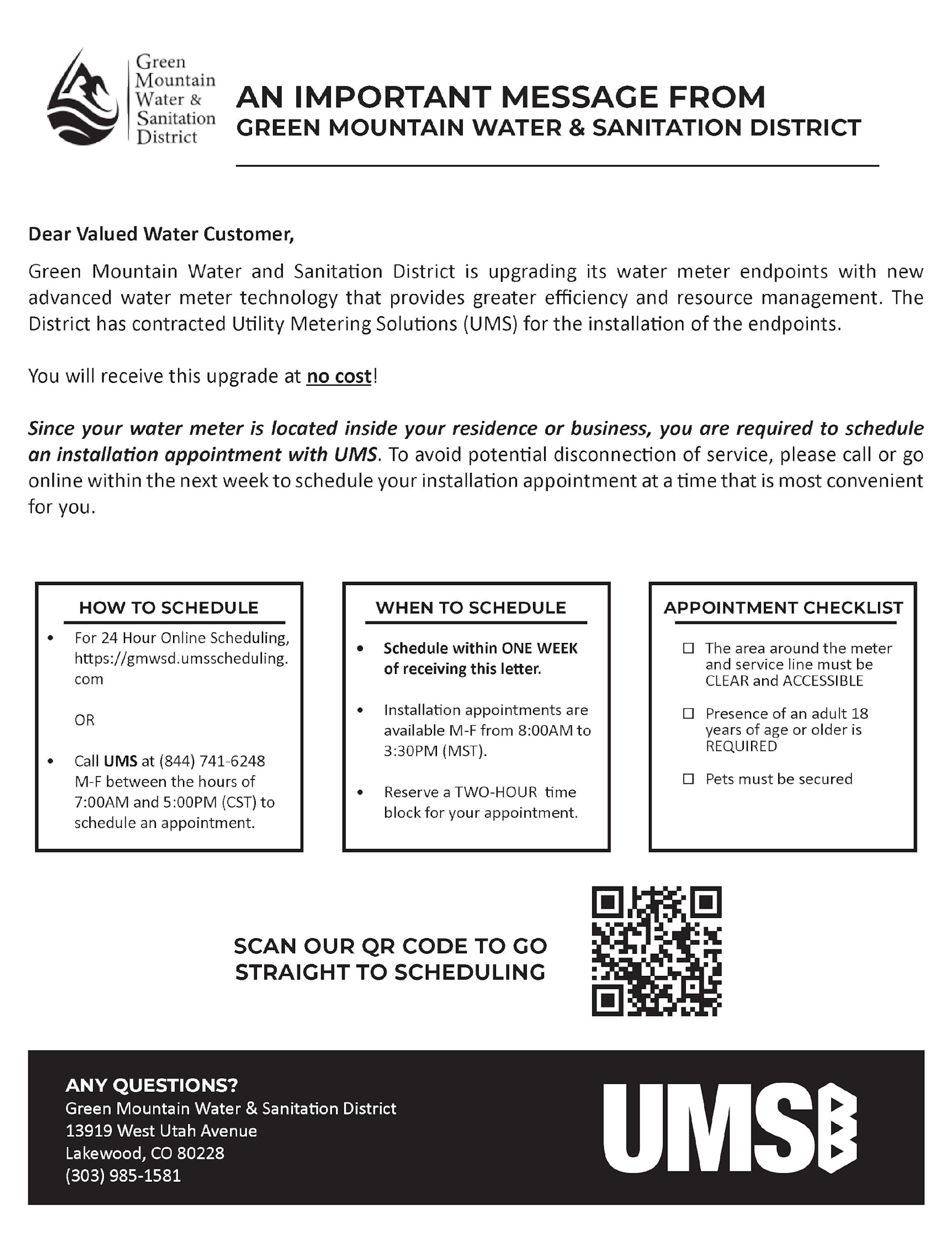 A notice from Green Mountain Water & Sanitation District about upgrading water meter technology, including scheduling details and a QR code.