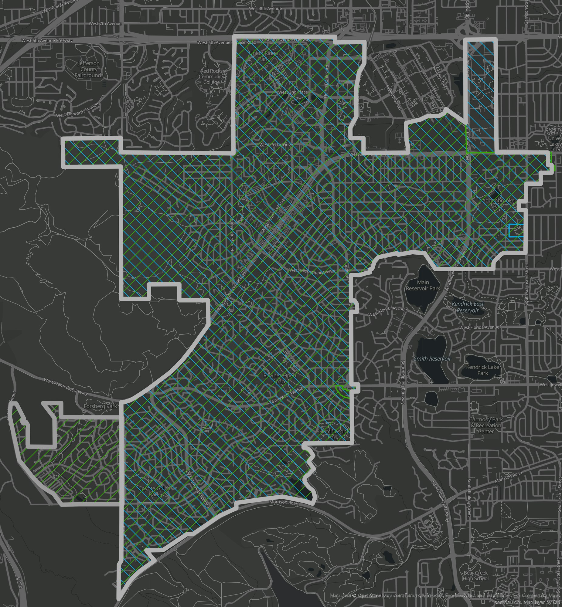Abstract city map with geometric pattern overlay.