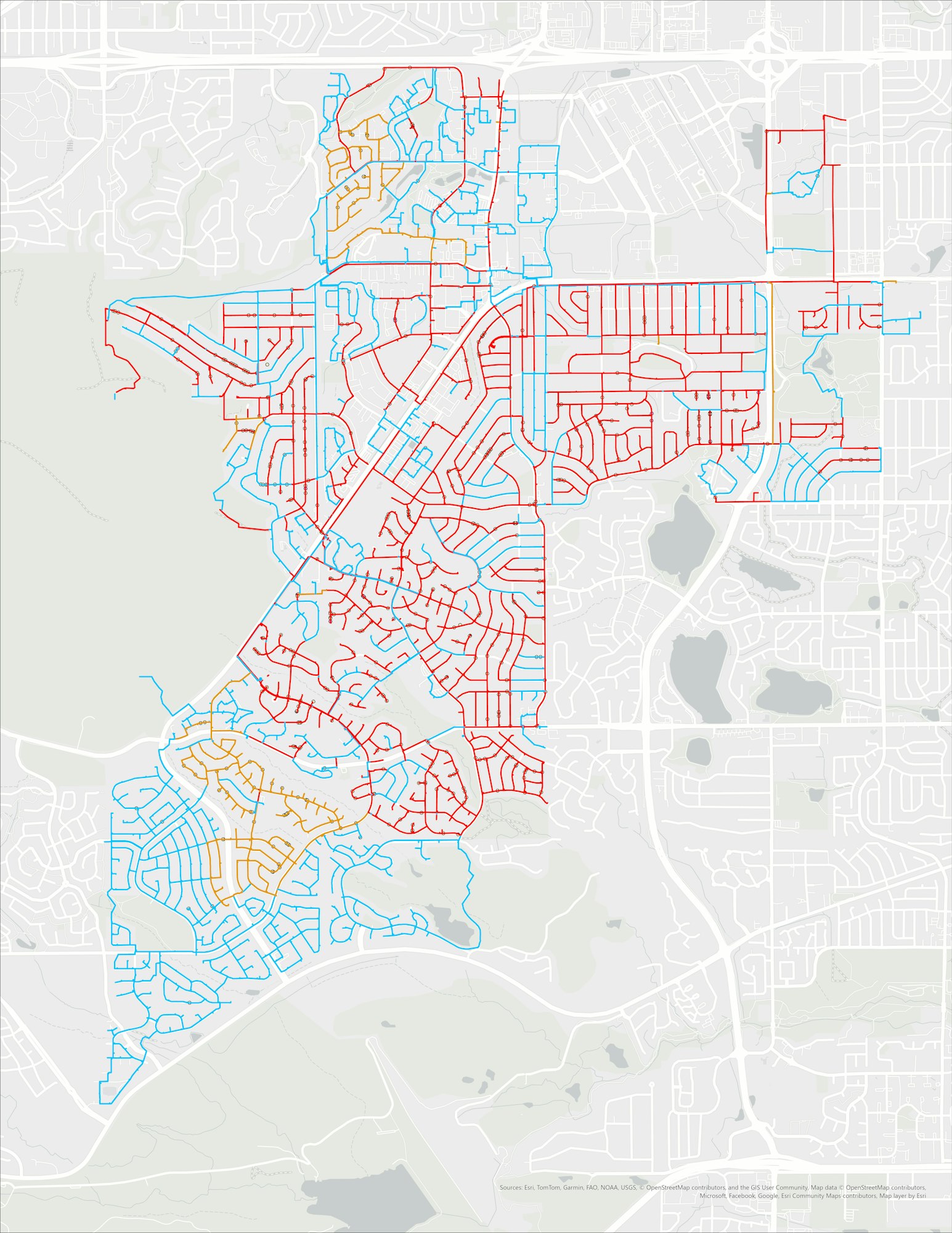 A map showing Water infrastructure in red, blue, and yellow depending on age of pipe