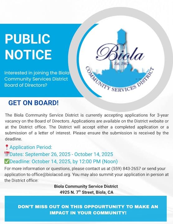 Public notice seeking applications for Biola Community Services District Board, deadline Oct 14, 2025, 12:00 PM.