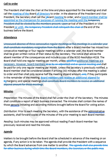 Board meeting attendance policy text with highlighted sections.