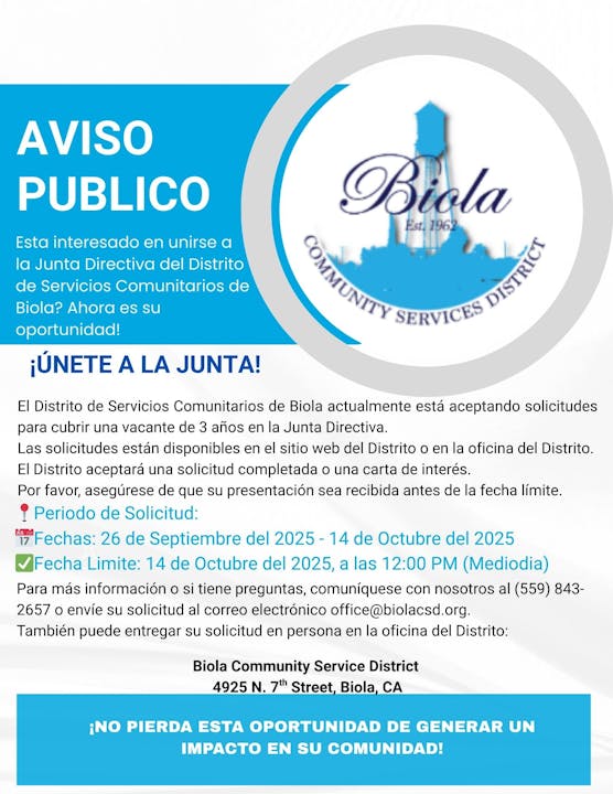 Join the Biola Community Services District Board. Apply by October 14, 2025. Contact: (559) 843-2657, office@biolacsd.org.