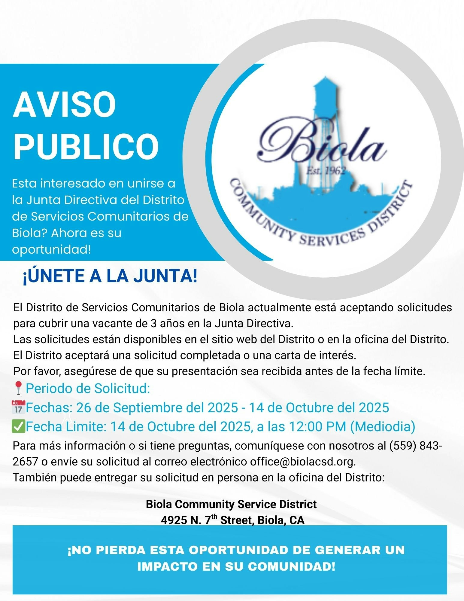 Join the Biola Community Services District Board. Apply by October 14, 2025. Contact: (559) 843-2657, office@biolacsd.org.