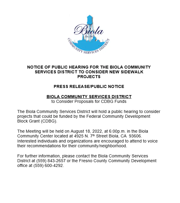 Notice of a public hearing by the Biola Community Services District on Aug 18, 2022, to discuss new sidewalk projects and funding.