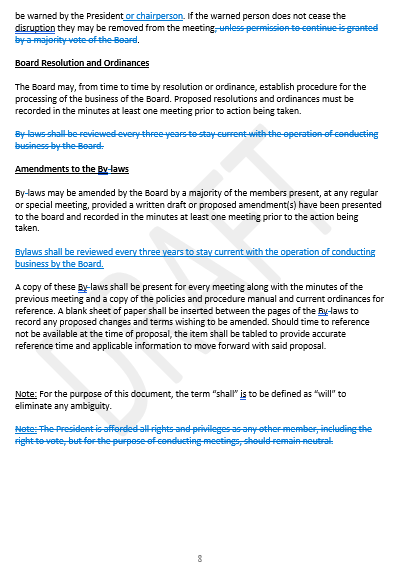 Page of a document outlining board meeting procedures, amendments, and note on presidential privileges.
