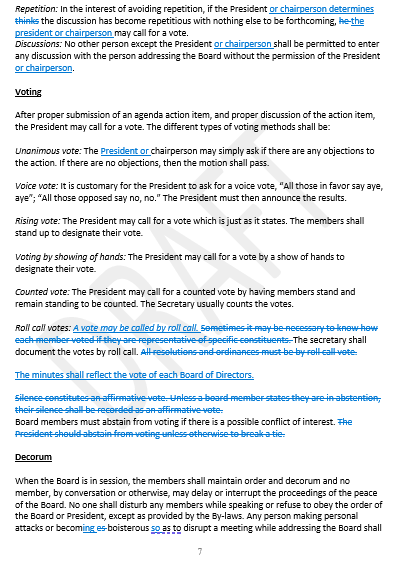 Text describing various voting methods for an organization: voice vote, rising vote, voting by show of hands, counted vote, and roll call votes.