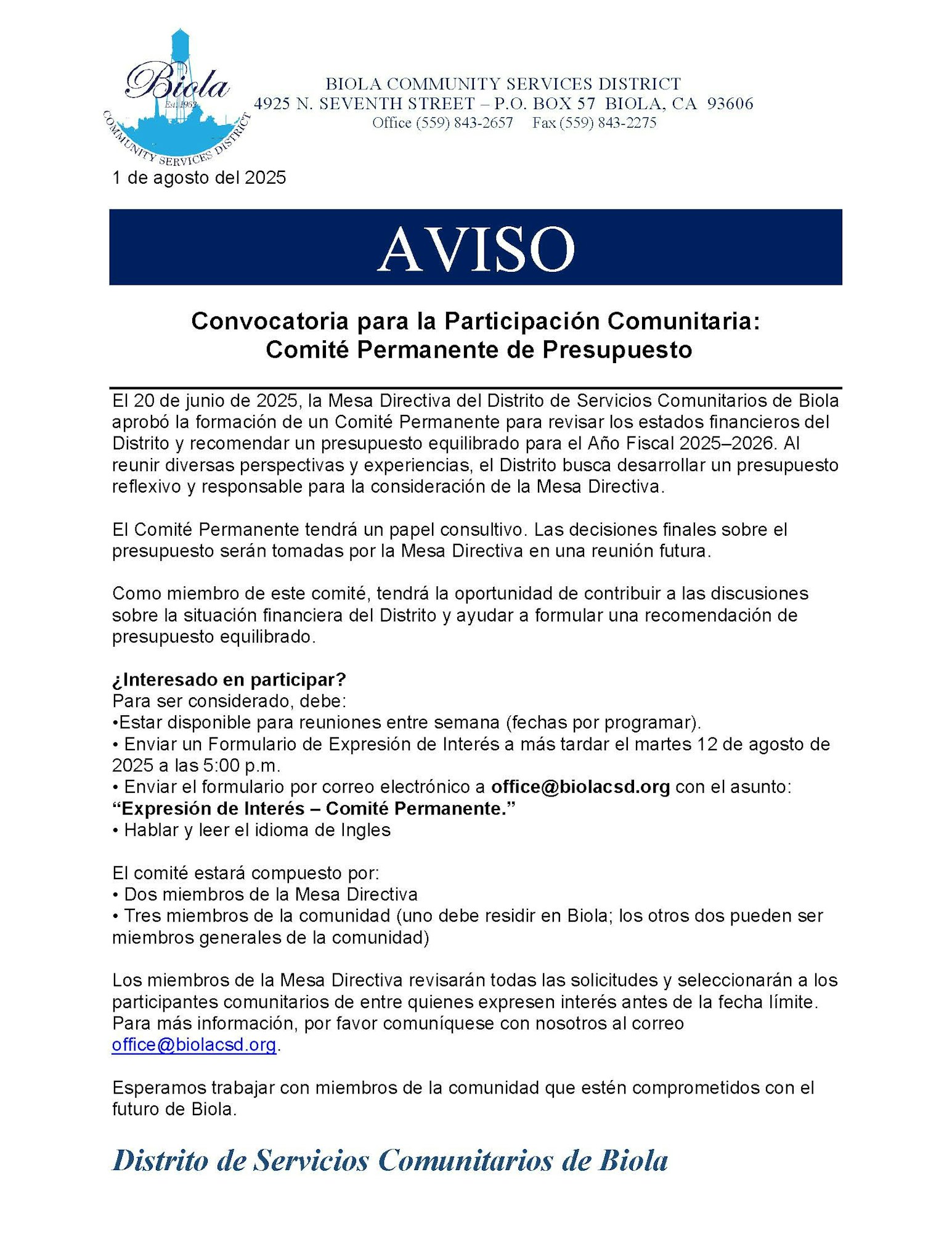Community notice for joining a Budget Committee, Biola Community Services District, deadline August 12, 2025.